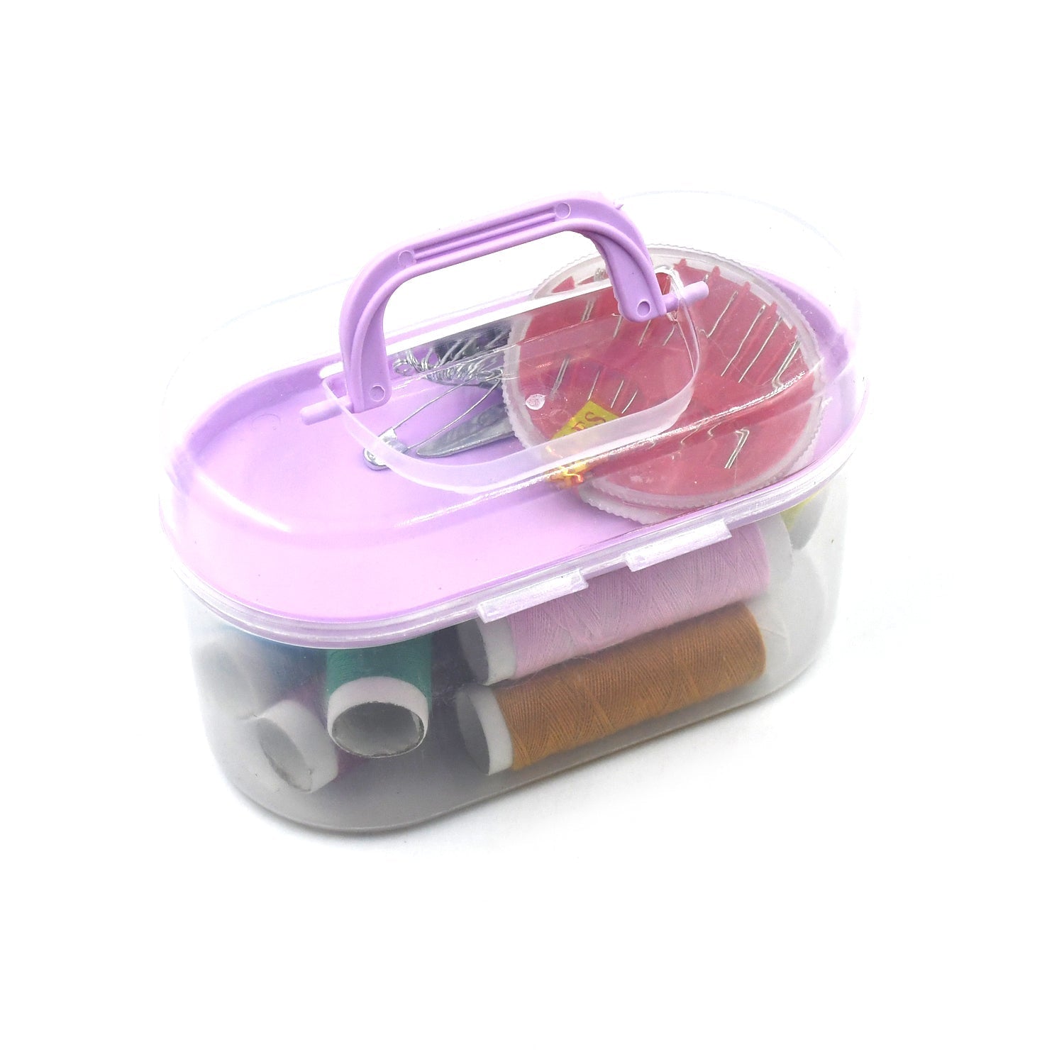 Compact sewing box for travel, includes needles, threads, and a scissor.