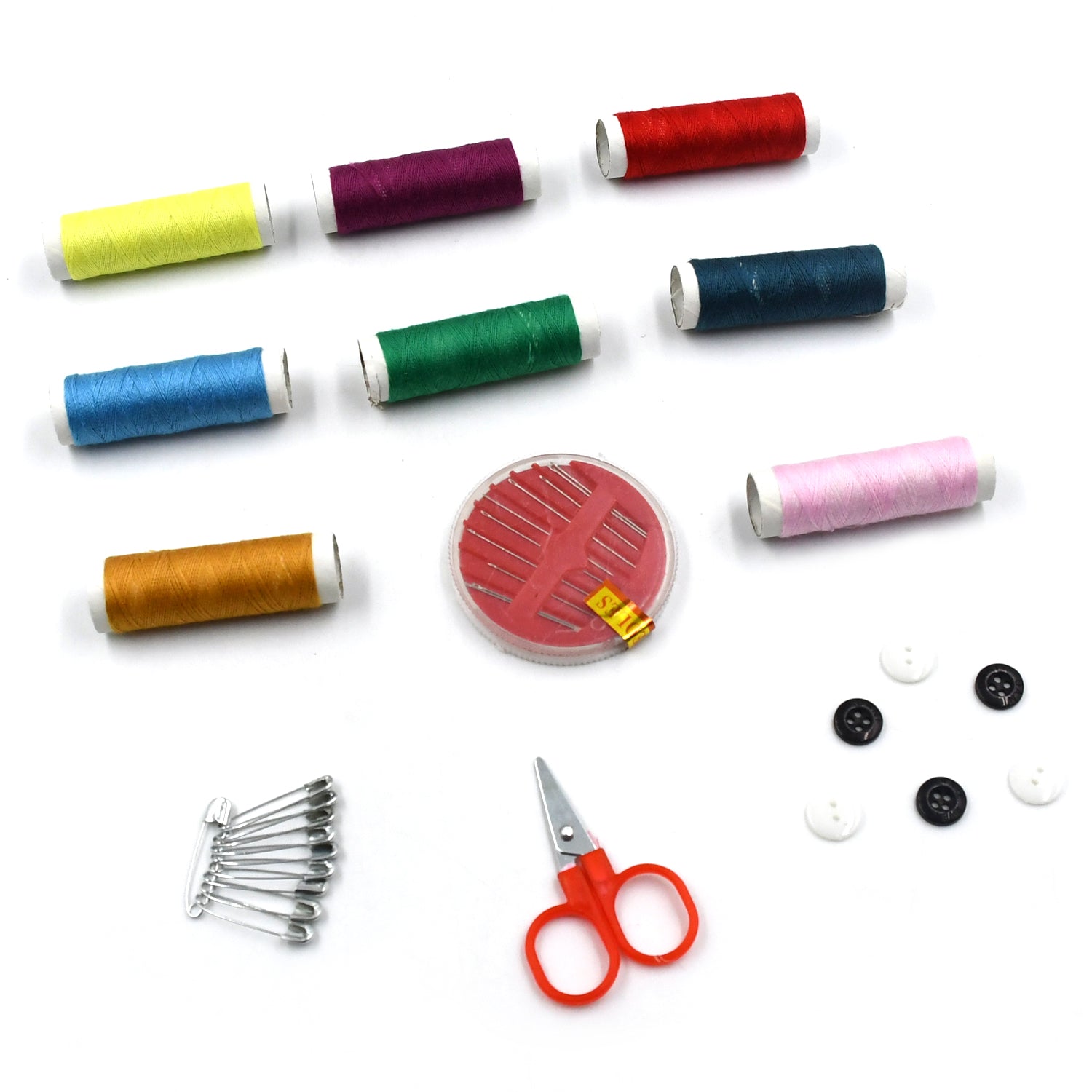 Double layer sewing kit with various colors of thread, ideal for travel and handwork.