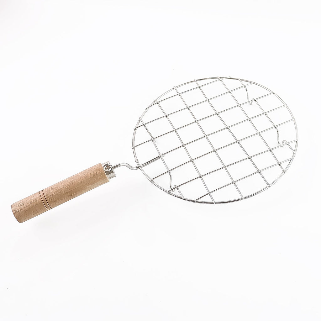 Kitchen Round Stainless Steel Roaster Papad Jali, Barbecue Grill with Wooden Handle